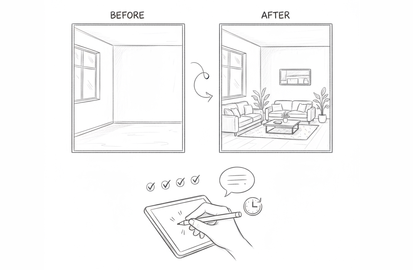 Staged living room composition